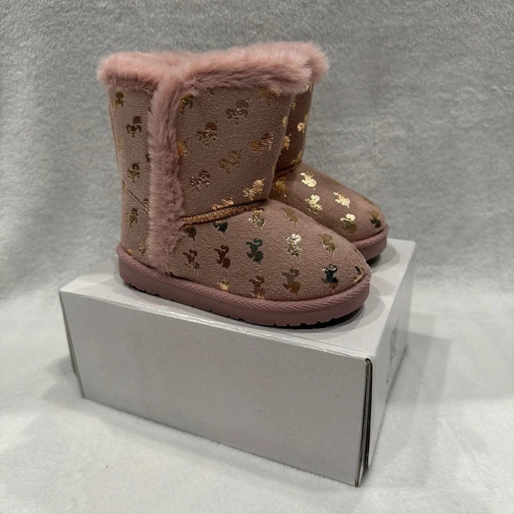 Olivia Miller Girl Pink Gold Unicorn Faux Fur Trim Winter Boots Kids Size 10 NIN
